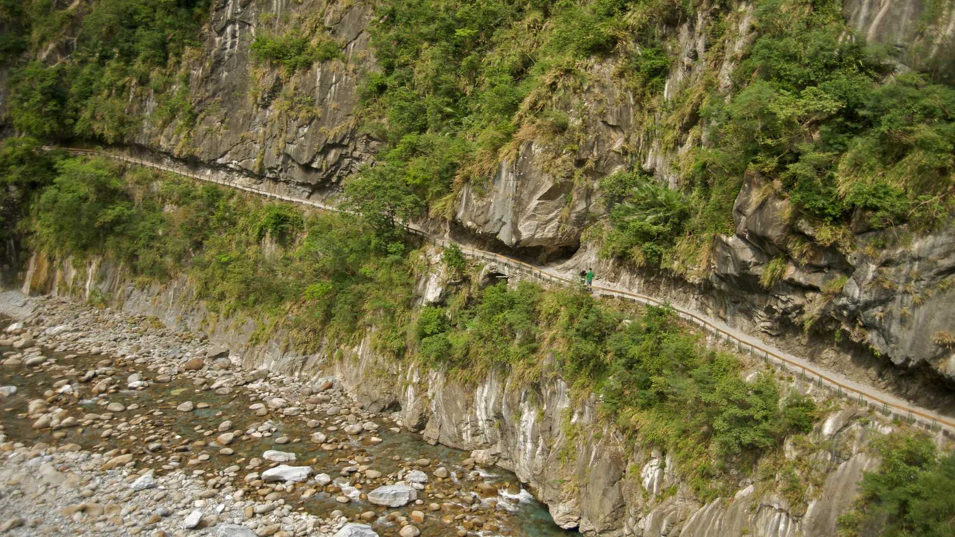 A narrow cliffside walkway cut into the marble rock face of Taroko Gorge, high above the pale jade-green Liwu River, with dense subtropical forest growing out of the cliff